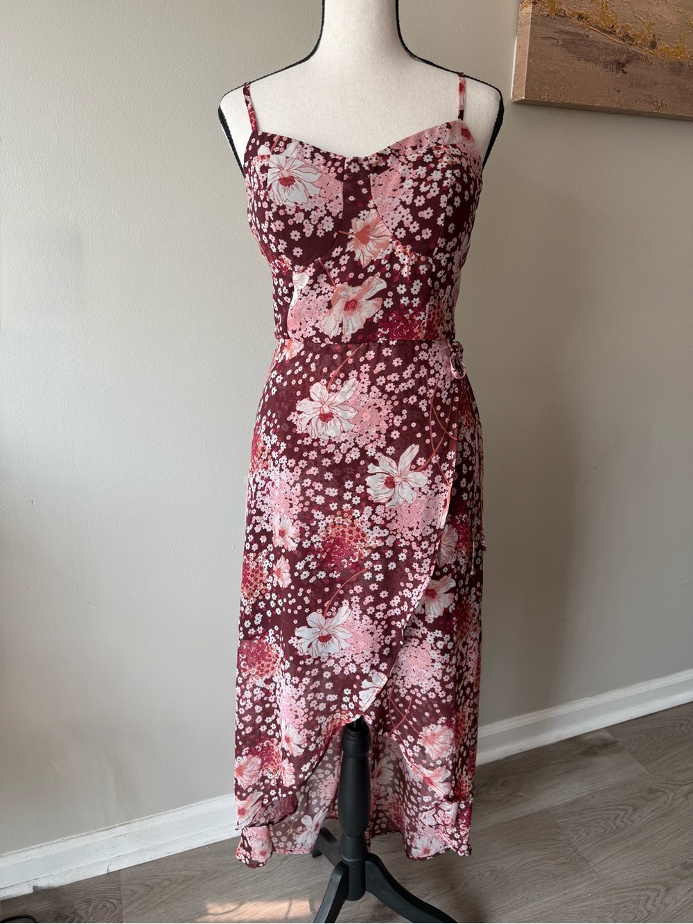 Lily Rose Burgundy Floral High-Low Faux Wrap Dress | Size Large | Cottagecore